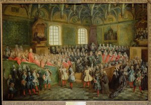 Bett der Gerechtigkeit im Parlament bei der Volljährigkeit von Ludwig XV. (1710-74), 22. Februar 1723
