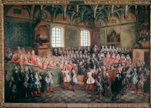 Bett der Gerechtigkeit gehalten von der Mehrheit von König Ludwig XV. in der Großen Kammer des Parlaments von Paris am 22. Februar