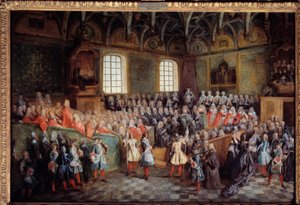 Lit de justice gehalten von der Mehrheit von König Ludwig XV. in der Großen Kammer des Parlaments von Paris am 22. Februar