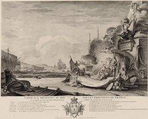Allegorische Gravur über die Schenkung der Schiffe um 1762 von Nicolas Ozanne