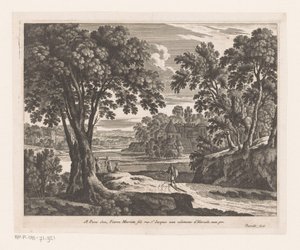 Landschaft mit Fluss und Spaziergängern