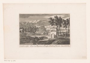 Landschaft mit Wanderern bei einer Steinbrücke