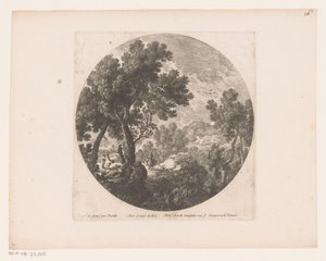 Landschaft mit Spaziergängern und Figur auf Lasttier