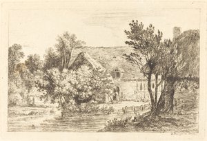 Ein Haus und ein schattiges Häuschen am Ufer eines Flusses von Nicolas Perignon