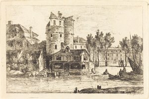 Stadt am Flussufer mit zwei runden Türmen von Nicolas Perignon