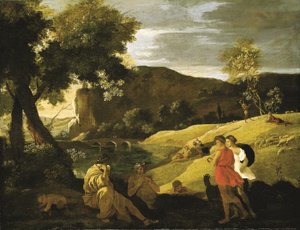 Eine arkadische Landschaft mit Geschichten aus den Legenden von Pan und Bacchus von Nicolas Poussin
