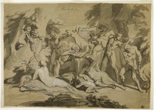 Betrunkener Silen, Satyr und Nymphen
