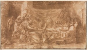Letzte Ölung (recto); Drei Köpfe und andere Skizzen (verso) von Nicolas Poussin