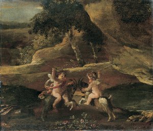 Putti kämpfen auf Ziegen von Nicolas Poussin