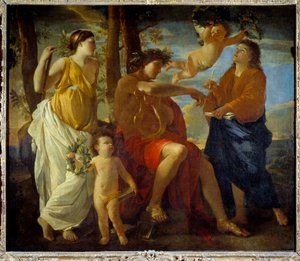 Die Inspiration des Dichters Ein Dichter, eine Lyra in der Hand und mit einem Lorbeerkranz gekrönt, umgeben von Musen und Putti. Gemälde von Nicolas Poussin von Nicolas Poussin