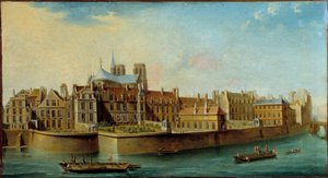 Ansicht der Île de la Cité mit der Apsis der Kathedrale Notre Dame und dem Quai aux Fleurs von der Île Saint Louis in Paris von Nicolas Raguenet