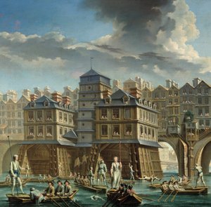 (Detail) Die Joute des mariniers zwischen der Pont Notre-Dame und der Pont-au-Change von Nicolas Raguenet