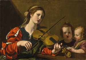 Eine Frau spielt Geige mit zwei singenden Kindern