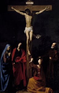 Christus am Kreuz, die Jungfrau, die Magdalena, der heilige Johannes und der heilige Vinzenz von Paul. Inschrift „INRI“ auf dem Kreuz von Nicolas Tournier