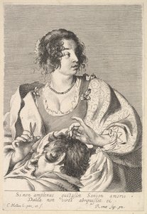Delilah bereitet sich darauf vor, Samsons Haar mit einer Schere in ihrer rechten Hand zu schneiden, unter ihrer Brust..., ca. 1629