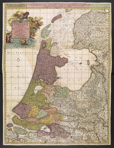 Karte von Holland, zeigt Siedlungen, Sümpfe, Wälder, Hügel, Straßen, Flüsse und andere geografische Merkmale. Zeigt den Titel in einer dekorativen Kartusche oben links mit Ruhm, Neptun und Thetis, begleitet von Putti, die die Wappen der Vereinigten Provinz
