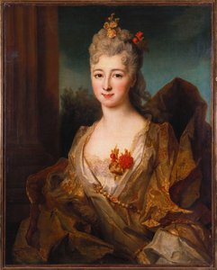 Porträt einer Dame, halbe Länge, in einem weiß-gold bestickten Kleid, mit Blumen im Haar
