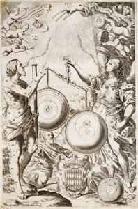Tolomeo, sitzend zwischen Allegorien von Argo und Astrea, betrachtet Diagramme von Kosmologien, gezeichnet von Kopernikus und Riccioli, Illustration aus Giovanni Battista Ricciolis Abhandlung über die Geschichte der Astronomie Almagestum Novum, Bologna