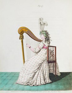 Dame spielt Harfe im Abendkleid aus Nikolaus Heideloffs Galerie der Mode, Band II, April 1795