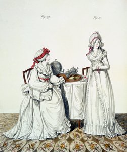 Zwei Damen beim Frühstück in ihrem Ankleidezimmer, mit Nachtmützen und Morgenmänteln, aus Nikolaus Heideloffs 