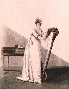 Junge Frau mit einer Harfe aus Heideloffs "Galerie der Mode", frühes 19. Jahrhundert (farbige Gravur)