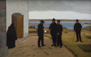 Menschen vor einer Kirche. Harboøre, Jütland