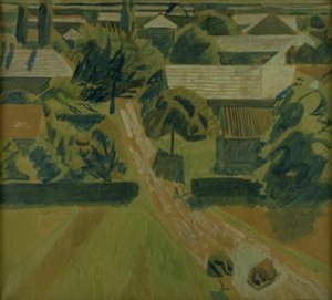 Landschaft mit Häusern und einer Straße, wo zwei Menschen niederknien von Niels Larsen Stevns
