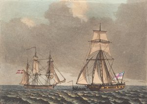 Ein englischer Kaper inspiziert ein dänisches Schiff, das aufbricht