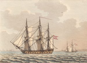 Ein dänisches Kriegsschiff vor Anker, das seine Segel trocknet