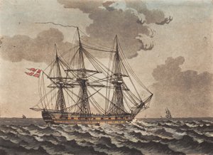Ein Kriegsschiff vor Anker in einem Sturm