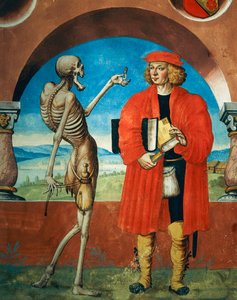 Tod mit Jurist, Detail von Tod, Ritter und Jurist aus dem Totentanz-Zyklus von Albrecht Kauw von Niklaus Manuel