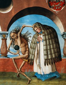 Tod mit dem Kanoniker, Detail von Tod, Abt und Kanoniker (der Assistent des Abtes) aus dem Totentanz-Zyklus von Albrecht Kauw