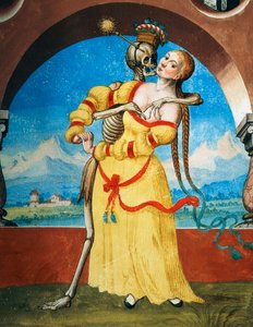 Der Tod mit der jungen Frau, Detail des Todes, Witwe und junge Frau aus dem Totentanzzyklus von Albrecht Kauw