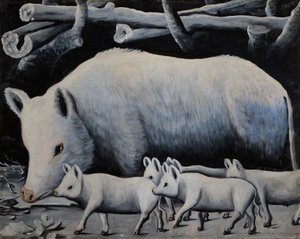 Weiße Sau mit Ferkeln von Niko Pirosmani