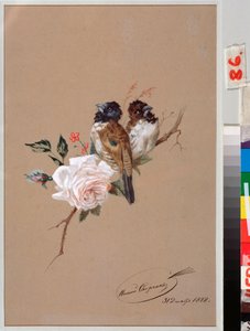 Zwei Vögel auf einer Rose von Nikolai Egorevich Sverchkov