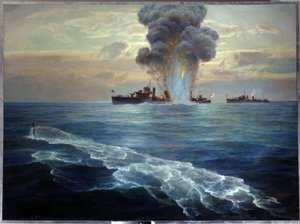 Russischer Bürgerkrieg: Der britische Zerstörer Victoria wurde am 1. September 1919 von dem bolschewistischen U-Boot Pantera vor der Insel Seskar (Finnischer Meerbusen) torpediert. von Nikolai Evlampievich Bublikov