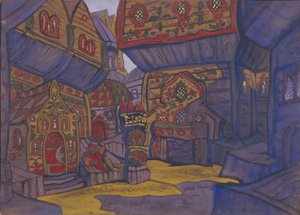 Der Hof von Prinz Vladimir Galitsky. Bühnenbild für die Oper Prinz Igor von A. Borodin von Nikolai Konstantinowitsch Roerich