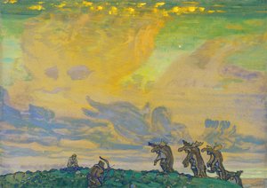Das große Opfer. Bühnenbild für das Ballett Le Sacre du Printemps von I. Stravinsky von Nikolai Konstantinowitsch Roerich