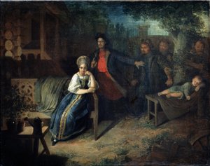 Der Räuber Jegor Baschlyk entführt die Frau des Kaufmanns Grunya. Gemälde von Nikolai Michailowitsch Alexejew (1813-1880). Öl auf Leinwand, 77,7 x 99,2 cm von Nikolai Mikhailovich Alexeyev