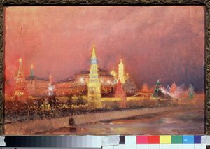 Beleuchtung des Moskauer Kremls. Stadtlandschaft mit russischen Flaggen und Menschenmengen entlang der Ufer der Moskwa. Gemälde von Nikolai Nikolayevich Gritsenko (1856-1900), Öl auf Leinwand, 1896. Russische Kunst von Nikolai Nikolaevich Gritsenko