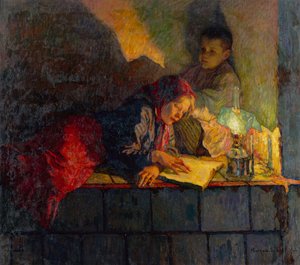 Kinder beim Lesen bei Kerzenlicht