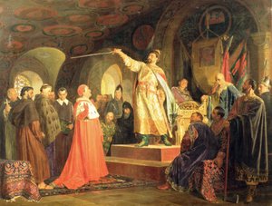 Prinz Roman von Halych-Volhynia empfängt die Botschafter von Papst Innozenz III. von Nikolai Vasilievich Nevrev