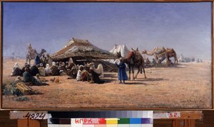 Kairo. Szene eines Karawanenlagers in der Wüste, die Stadt im Hintergrund von Nikolai Yegorovich Makovsky