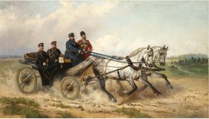 Zar Alexander III. und Kaiser Wilhelm II. in einer Landauer, 1888