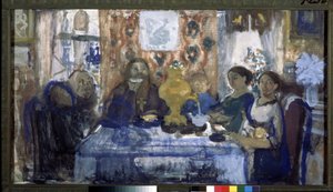 Tee trinken. Eine Familie versammelt sich um einen Tisch mit einem Samowar in der Mitte von Nikolaj Nikolaevic Sapunov