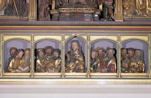 Holzschnitzereien von Christus und den zwölf Aposteln, von der Predella des Retabels des Isenheimer Altars, um 1490 von Nikolaus Hagenauer