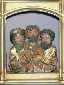Holzschnitzereien von St. Jakobus dem Älteren, St. Simon und St. Thaddäus, aus der Predella des Isenheimer Altars, um 1490