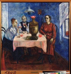 Teetrinken (Szene aus dem Alltag, eine traurige Familie trinkt Tee um einen Samowar) von Nikolay Vladimirovic Sinezubov