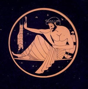 GR.1-1927 Attisch rotfiguriger Becher, der einen Bankettteilnehmer mit Trinkhorn zeigt, 520-510 v. Chr. (Ton) von Nikosthenes