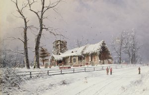 Winterszene mit Figuren auf einem Pfad nahe einer Kirche von Nils Hans Christiansen